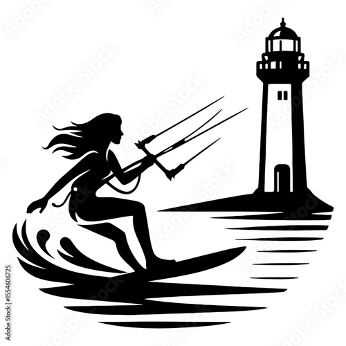Female Kiteboarder Skimming Past a Tall Lighthouse, Windswept Hair and Breaking Swell in Striking Monochrome Illustration