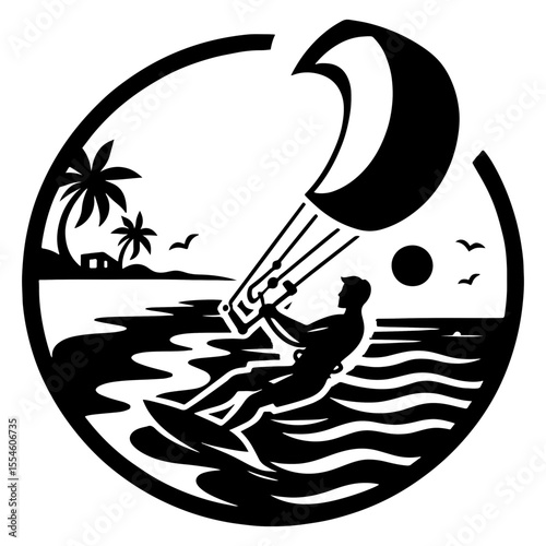 Retro-Badge Style: Male Kiteboarder Arcing beneath Crescent Sail, Palm-Fringed Sunset Shore in Circular Silhouette