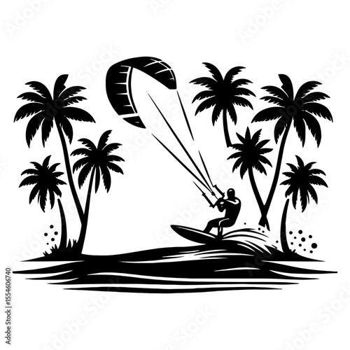 Sunset Session Between Palms – Male Kiter Launching off a Wave with Oversize Foil, Exotic Shore Silhouette Artwork
