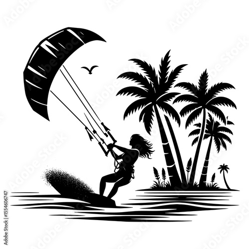 Island Breeze Kiteboarder Power-Carving Past Swaying Palms, Dramatic Spray & Soaring Gull in Bold Black-and-White
