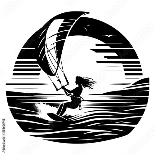 Retro-Badge Kiteboarder at Golden Hour – Sweeping Sail Arc and Speed Lines Encircling Female Rider on Open Sea