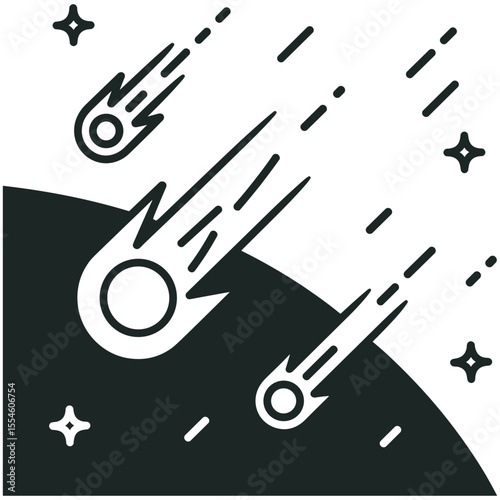 Black and White Illustration of Meteor Shower Over Planet Earth