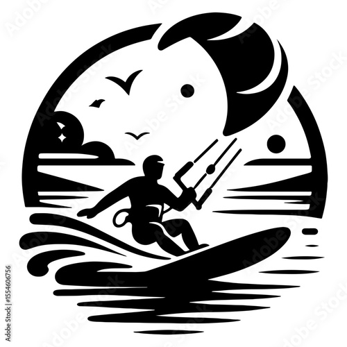 Moonlit Kite-Surf Ride in Tropical Lagoon – Circular Night-Sky Silhouette with Giant Crescent Sail & Splashing Wake