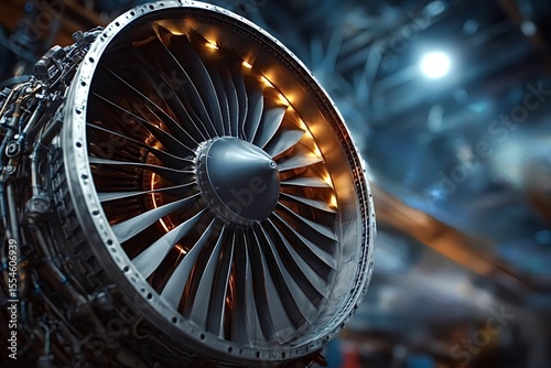Turbofan engine with illuminated blades is gleaming brightly inside maintenance hangar, showcasing intricate engineering and power of modern aviation technology