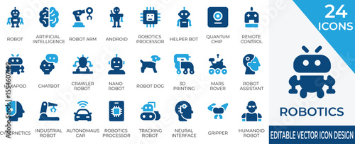 A modern filled icon collection featuring AI, robots, and futuristic tech elements. Perfect for technology, automation, machine learning, and innovation themes.