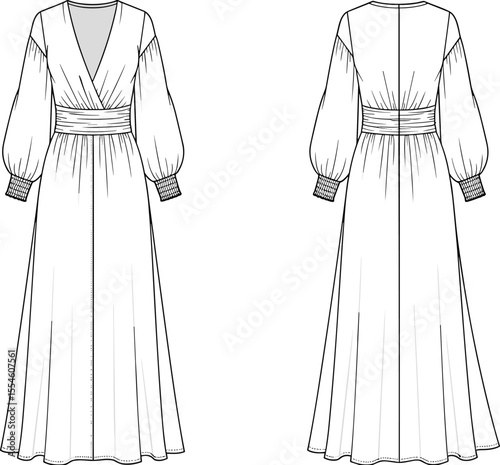 Long sleeve maxi dress technical flat sketch, fashion cad drawing, front and back view, with waistband, pleats, and cuff details