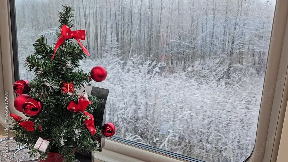 Christmas tree with red bows is sitting on a table at train snow. The ...