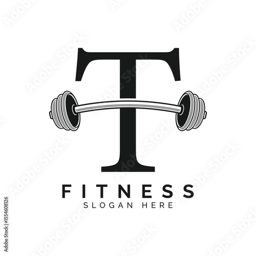 Letter T Gym Logo Design. Alphabet T Barbell symbol Icon