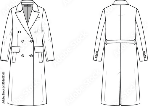Long double breasted trench coat technical flat sketch, fashion CAD drawing, vector outline, tailored coat design front and back viewLong double breasted trench coat technical flat sketch, 