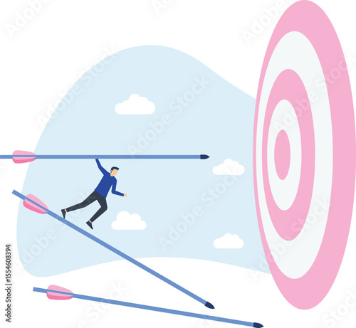 Isometric businessmen try again and again to dart shooting bull's-eye, failure is the first step to success, success is built on countless failures, stock illustration

