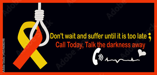 Suicide prevention ribbon and hangman rope symbol. Don't wait and suffer until it is too late, call today, talk the darkness away with a phone handset and heart beat rhythm leading to a heart
