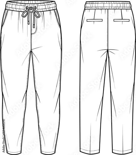 Jogger pants front and back view with elastic waistband, drawstring, pockets, technical flat sketch, fashion garment design illustration