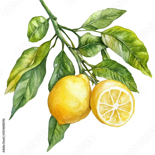 watercolor of Lemon Tree Ripe Fruit, vector, isolated on a white background.