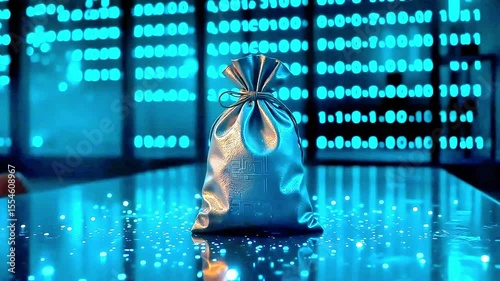 Mystery loot bag sits illuminated on a sleek surface with an enigmatic futuristic ambience, hinting at secrets