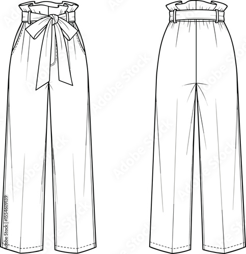 High waist wide leg trousers with paper bag waist, belt tie detail, front and back view, technical fashion sketch