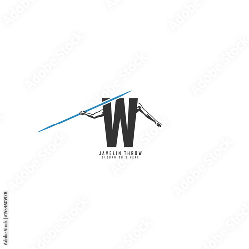 Letter W Athlete logo. Alphabet W Javelin Throw Design Icon