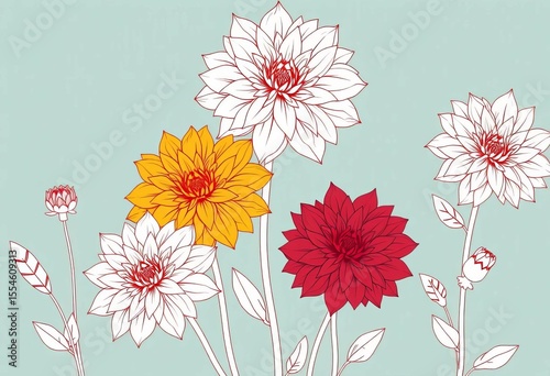 Wallpaper Mural Elegant line art set of fall dahlias; hand-drawn autumn floral illustrations perfect for seasonal designs,  design element, dahlia Torontodigital.ca