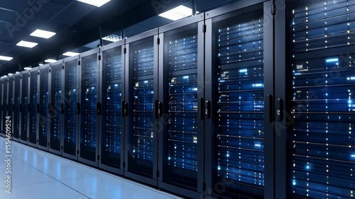Data center featuring rows of server racks with blinking lights, showcasing information technology infrastructure, storage and cloud computing services.