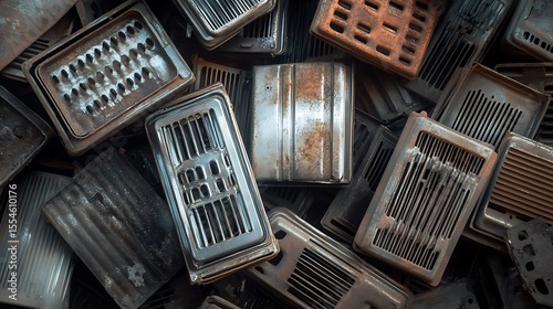 Scrap pile of old used car aluminum cooling radiators