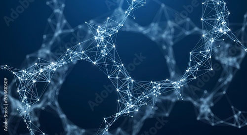 Abstract network of interconnected nodes and lines against a dark blue background, creating a complex web-like structure.