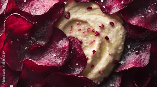 Sea salted beet chips with a hummus dip