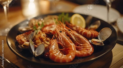 Seafood clams prawns plate on wooden table