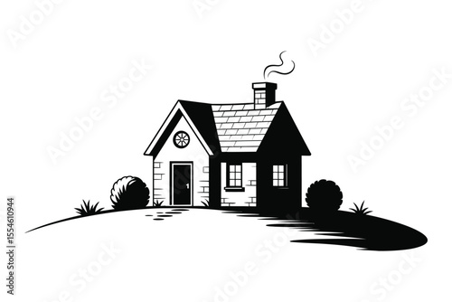 Black and white vector illustration of house silhouette sitting on hill

