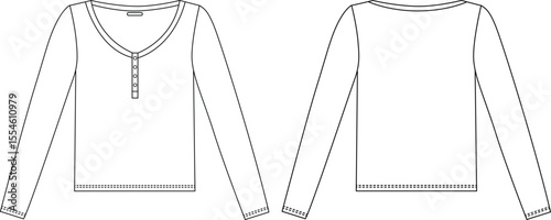 Vector art of technical drawing of a womens long sleeve henley shirt, isolated on white background, showing front and back views