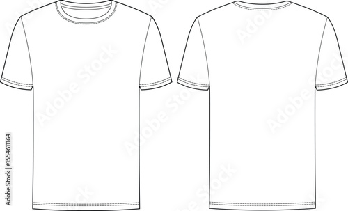 Vector art of technical drawing of a short sleeve tshirt isolated on white background, showing front and back views