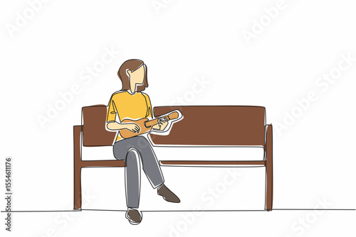 Single continuous line drawing a woman sitting on a park bench playing the ukulele. Chasing away loneliness. Playing to entertain. National Play Your Ukulele Day. One line design vector illustration