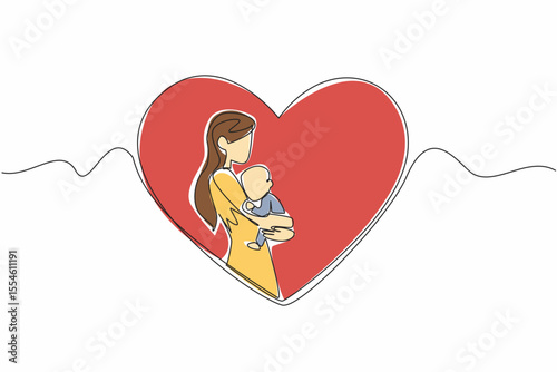 Single continuous line drawing mother hugs baby in the middle of her heart. The infinite happiness of being a young mother. Always be grateful. Family. Baby Day. One line design vector illustration