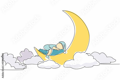 Single continuous line drawing baby sleeping face down on a crescent moon. Studio photo for happy memories. Events to remember easily. Adorable pose. Baby Day. One line design vector illustration