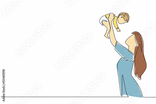 Continuous one line drawing the mother lifts the baby with both hands above her head. Wanting to make the child laugh happily. Infinite happiness. Baby Day. Single line draw design vector illustration