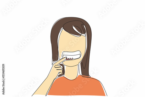 Single continuous line drawing woman opens mouth and shows bleeding gums with finger. Poor oral hygiene. Disease. Gingivitis. International Scurvy Awareness Day. One line design vector illustration
