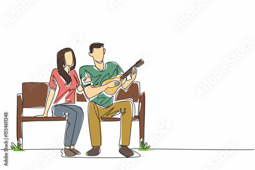 Continuous one line drawing couple sits on a park bench, the husband playing the ukulele. Spending the weekend in the park. National Play Your Ukulele Day. Single line draw design vector illustration