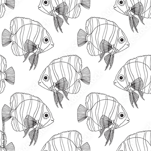Seamless pattern of a marine, tropical theme animals, fishes. Hand drawn illustration vector. For decoration and design, fabric, wrapping paper, print. Sea bottom Abstract underwater. Summer vibes