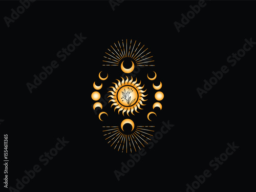 Boho Moon Phases and Sun Mandala Graphic illustration 