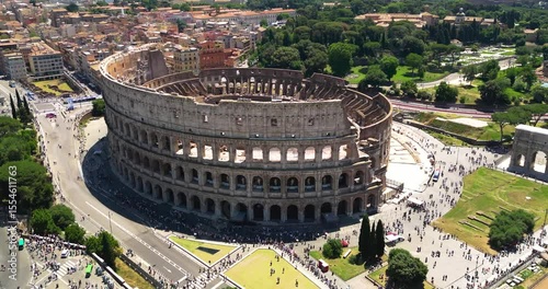 4K Aerial Footage of the Colosseum in Rome During the Day with Clear Views of Ancient Architecture and Historic City Surroundings