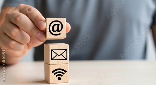 Сontact us icon symbols email, address, phone, on wood cube, customer service and support