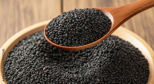 black Sesame close up shot on wood background
