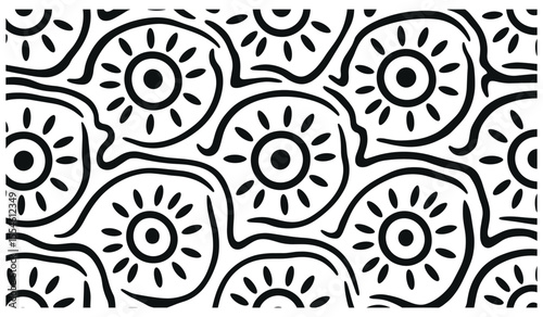 Black and White Seamless Pattern with Abstract Floral and Line Elements