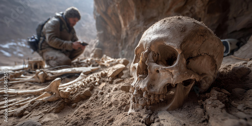 Extreme close-up. An archaeologist as he discovers an ancient fossil human skull in a rocky cave. Generative Ai.