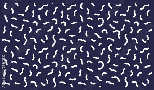 Retro Memphis Style Pattern with White Squiggles on Dark Blue Background