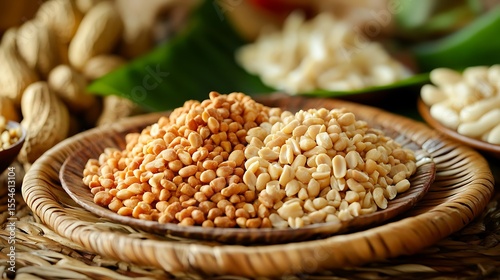 Seasoning from peanuts served on a plate made of woven rattan