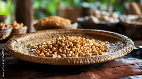 Seasoning from peanuts served on a plate made of woven rattan