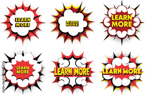 Six Vibrant "Learn More" Comic Book Speech Bubbles for Design