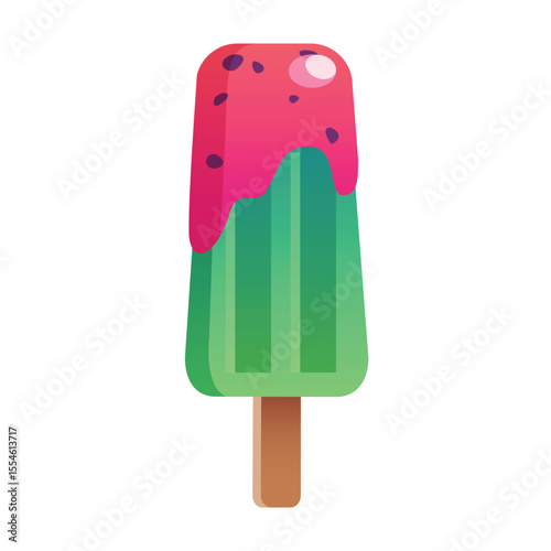 Fruit ice cream, frozen juice on wooden stick, fruity popsicle. Colorful cold summer dessert isolated on white background. Vector illustration