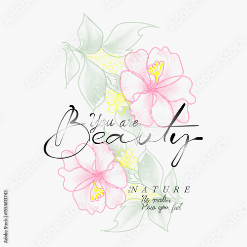 Vintage Doted flowers print, Beauty of nature slogan text print design. flowers hibiscus botanical art style.  printed t-shirt design for  women's, summer tropical flowers. flower graphic in vector,