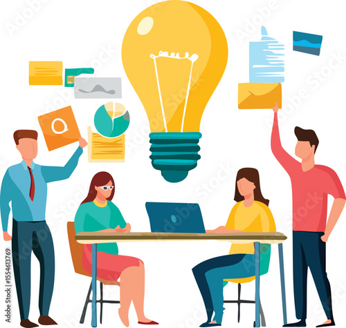 Creative startup team having a brainstorming session with sticky notes, diverse people, light bulb, and innovation charts. Perfect for teamwork, creativity, and business development content.