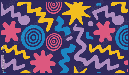 Colorful Abstract Pattern with Geometric Shapes on Dark Purple Background